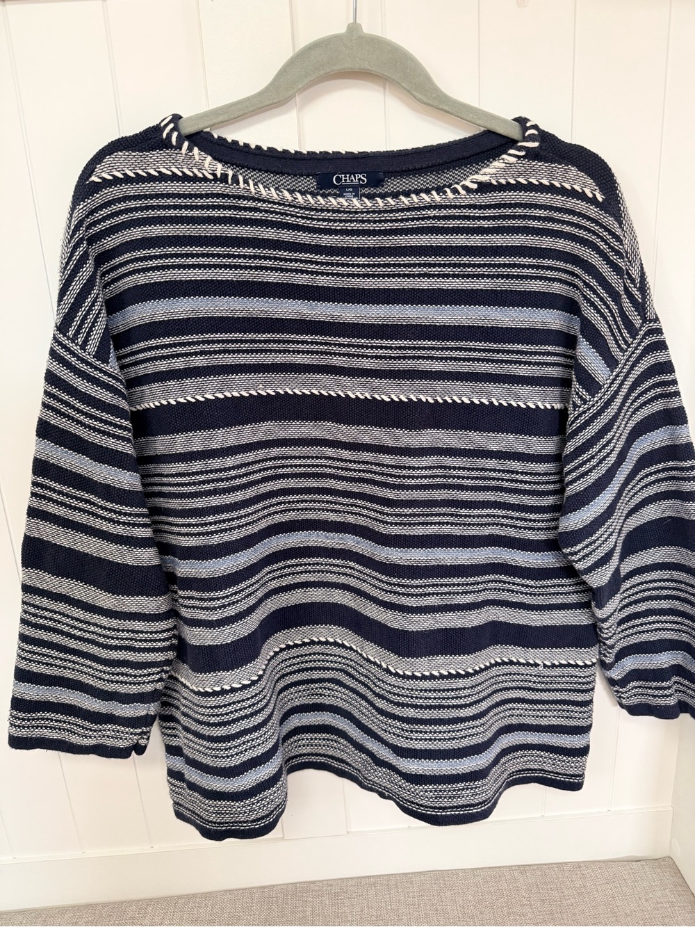 Chaps Coastal Textured Navy and Light Blue Striped Crewneck Sweater